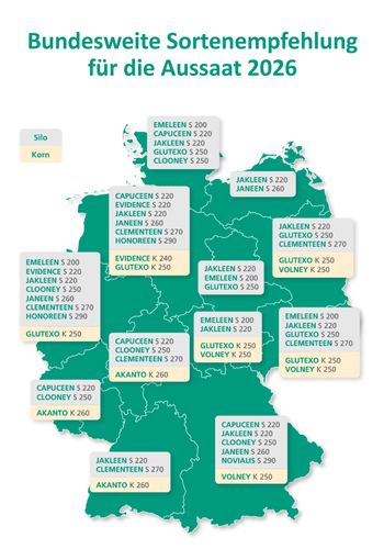 Deutschlandkarte mit regionalen Mais-Sortenempfehlungen für 2026.