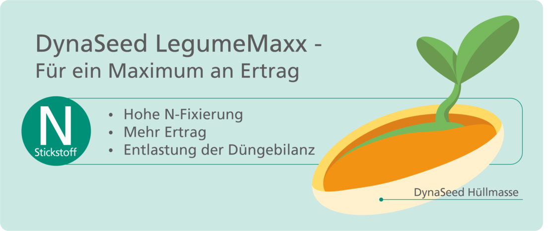 Grafik zu DynaSeed LegumeMaxx mit Pflanze und Stickstoff-Fixierung