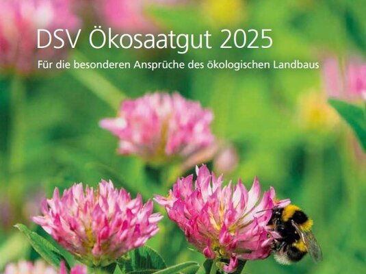 Titelseite DSV Ökosaatgut 2025 mit rosafarbenen Kleeblüten und Hummel
