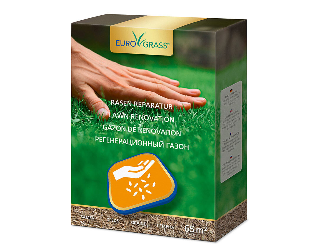 Verpackung für die EuroGrass Rasen-Reparatur Mischung mit einer Abbildung einer Hand über einem sattgrünen Rasen.