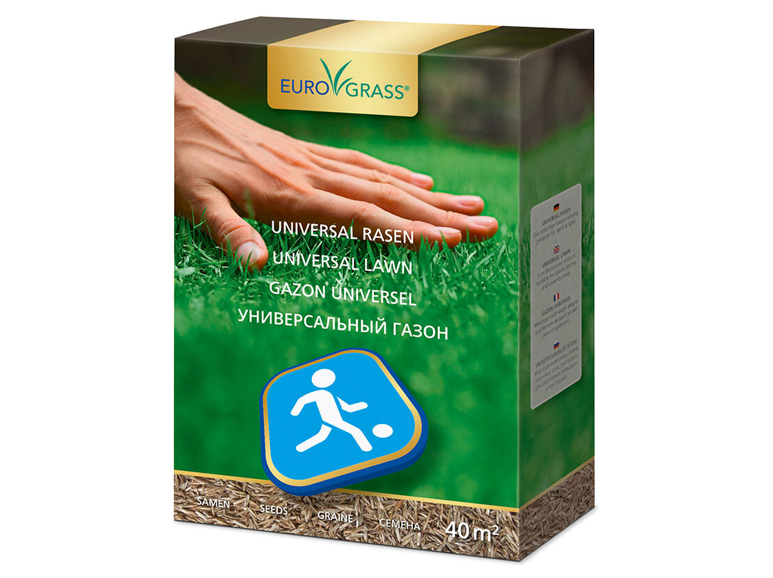 Verpackung für die Rasensamenmischung „EuroGrass Universal Rasen“, mit der Abbildung einer Hand über einem sattgrünen Rasen. 