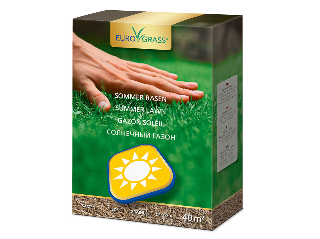 Verpackung für die Rasensamenmischung „EuroGrass Sommer Rasen“, mit der Abbildung einer Hand über einem sattgrünen Rasen. 
