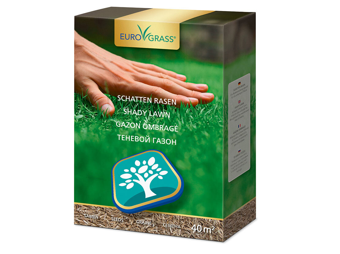 Verpackung für die Rasensamenmischung „EuroGrass Schatten Rasen“, mit der Abbildung einer Hand über einem sattgrünen Rasen. 