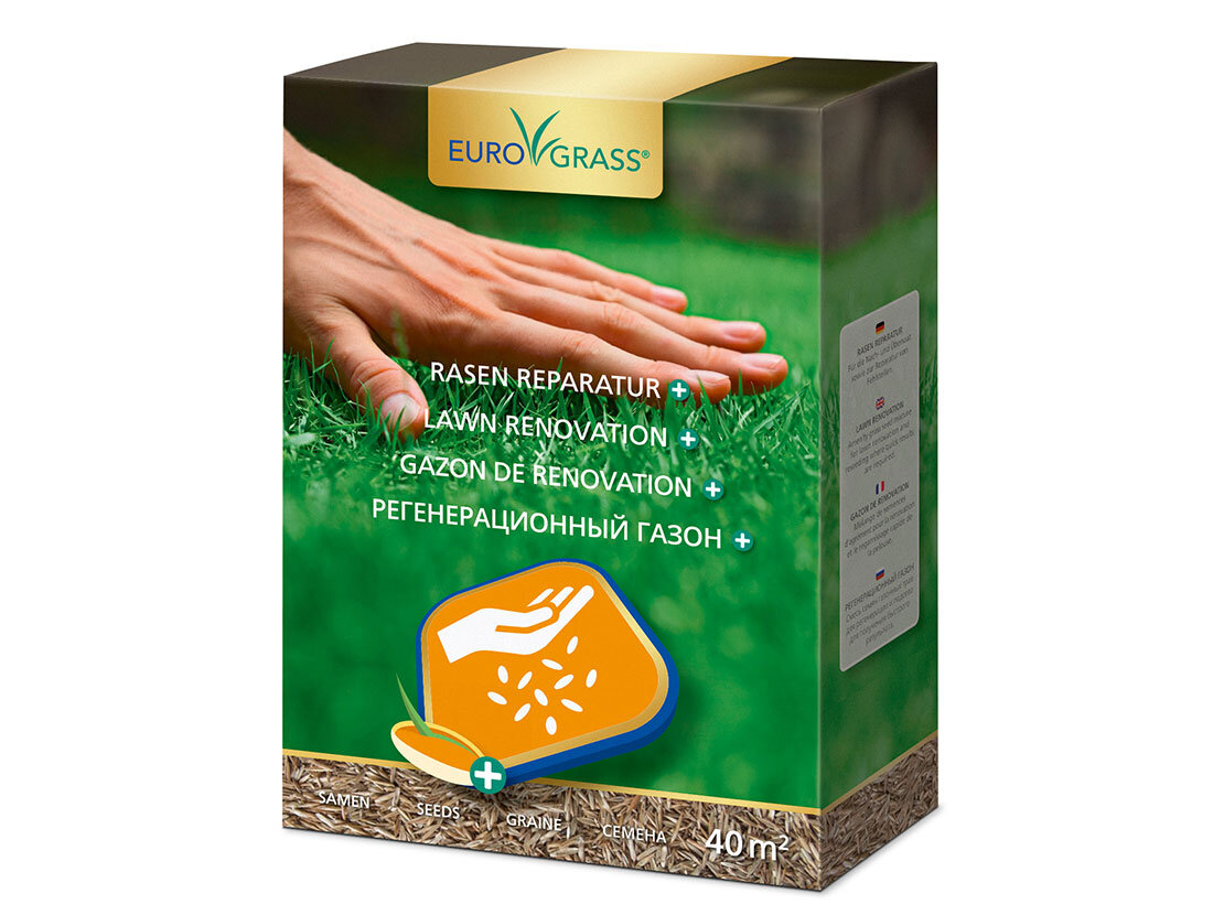 Verpackung für die EuroGrass Rasen-Reparatur+ Mischung mit einer Abbildung einer Hand über einem sattgrünen Rasen.